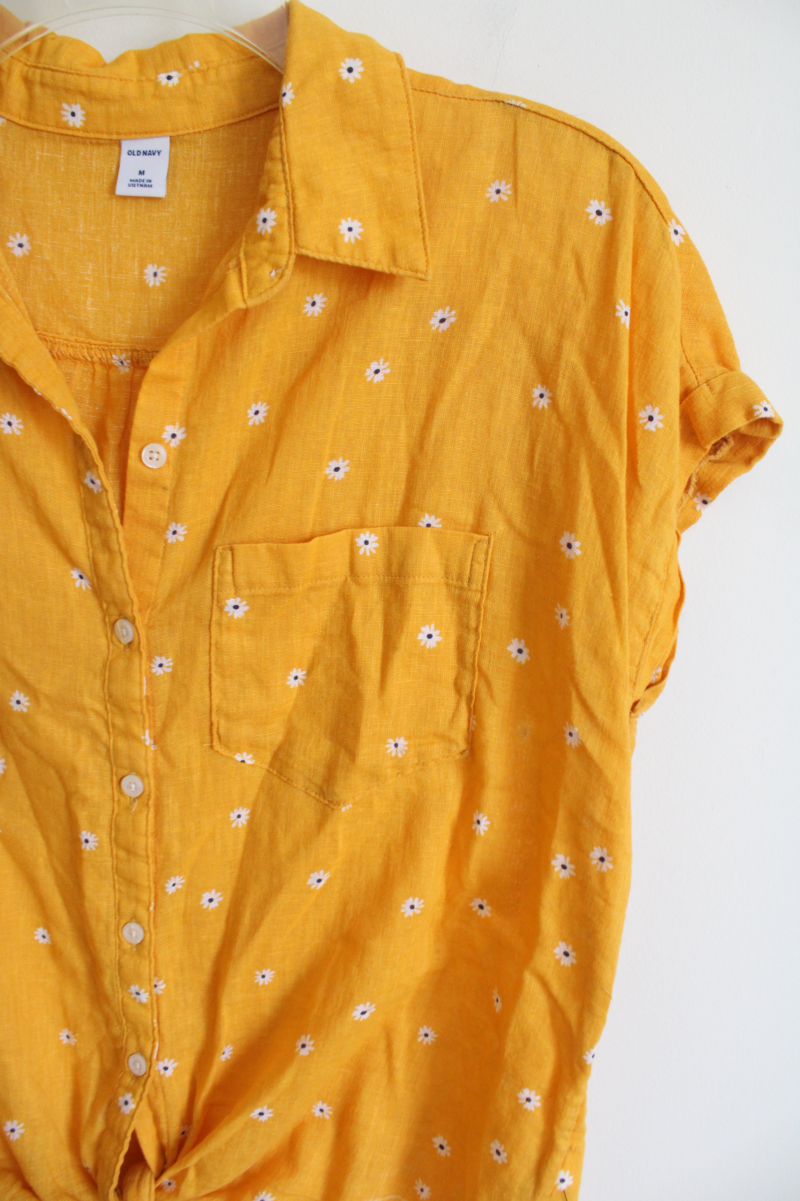 Old Navy Yellow Floral Linen Blend Front Tie Daisy Top | M