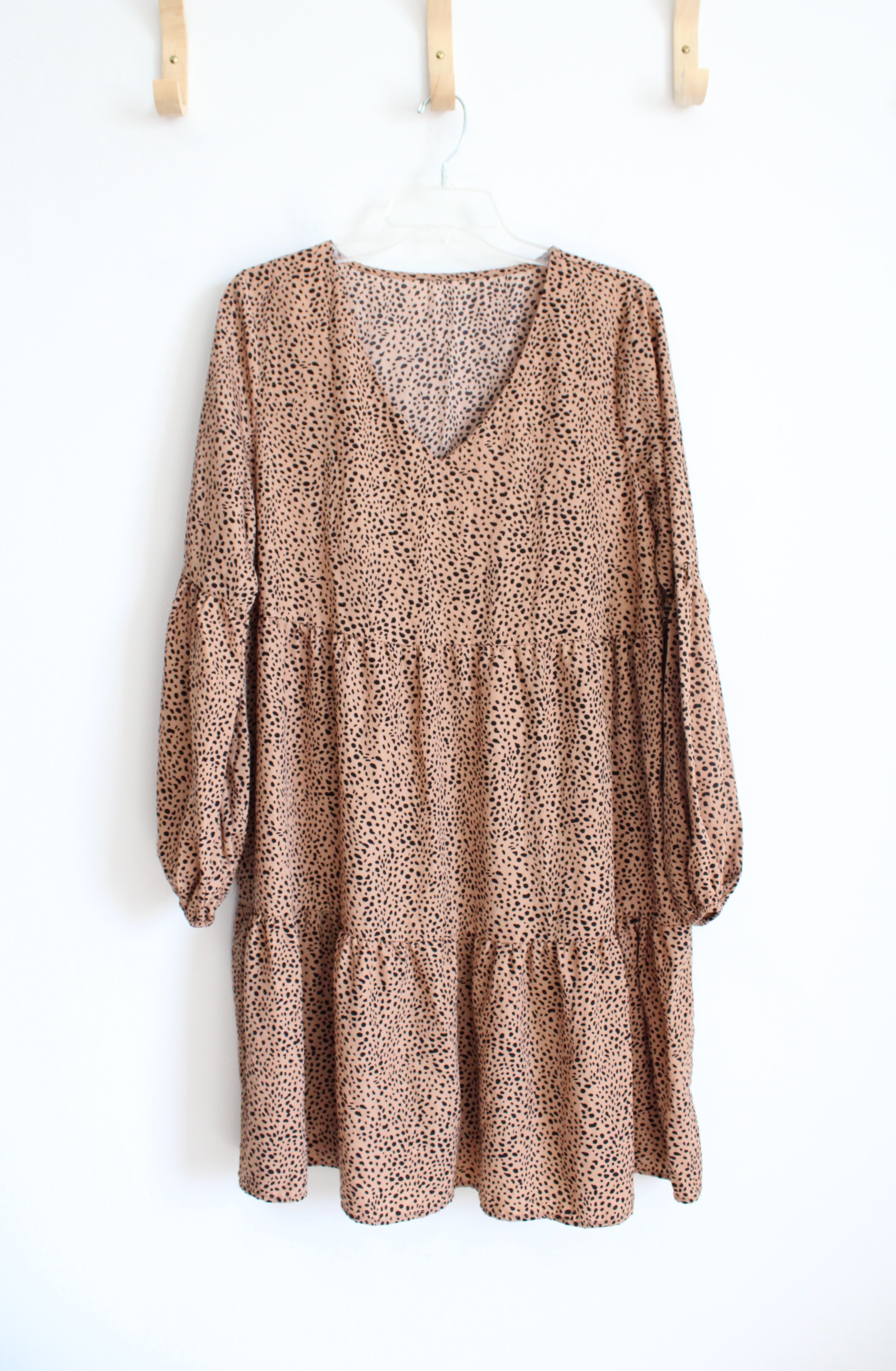 Brown & Black Dotted Long Sleeved Tiered Dress | L