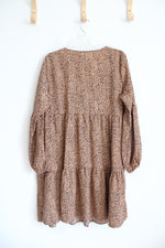 Brown & Black Dotted Long Sleeved Tiered Dress | L