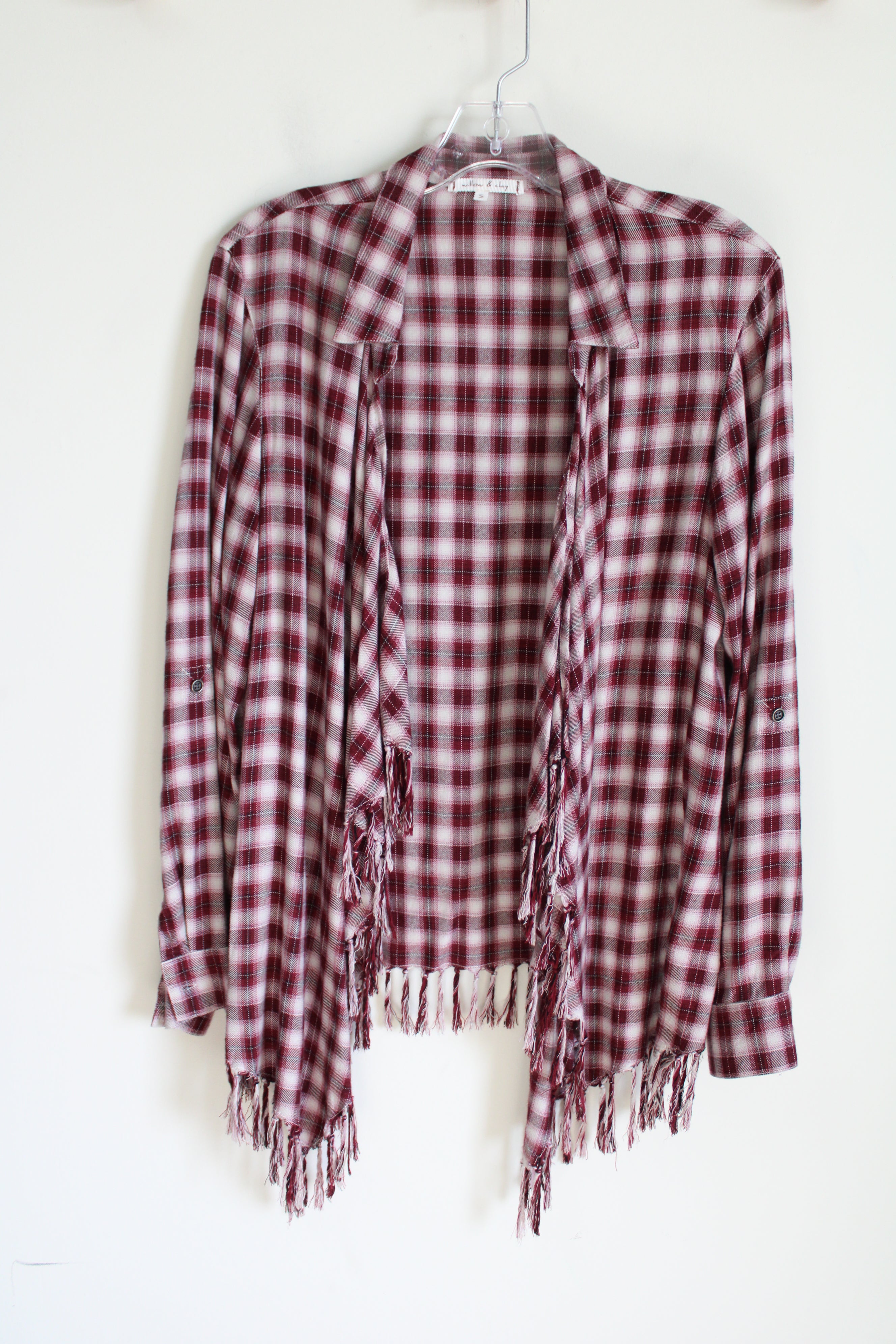 Willow & Clay Maroon Plaid Fringe Cardigan | S