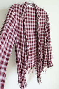 Willow & Clay Maroon Plaid Fringe Cardigan | S