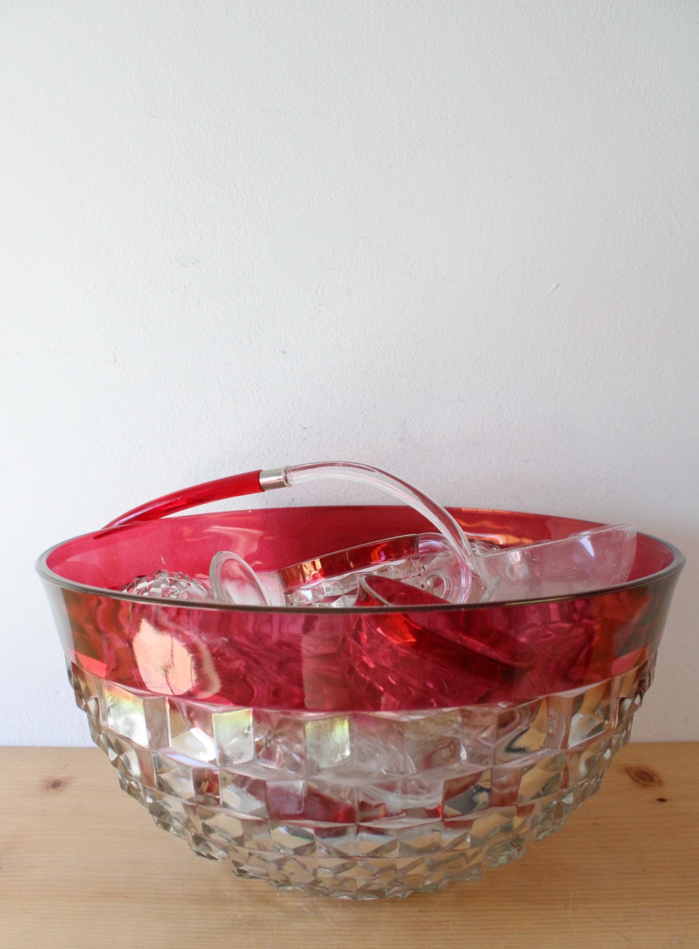 Indiana Glass Vintage Red Rimmed Punch Bowl & 12 Cup Set