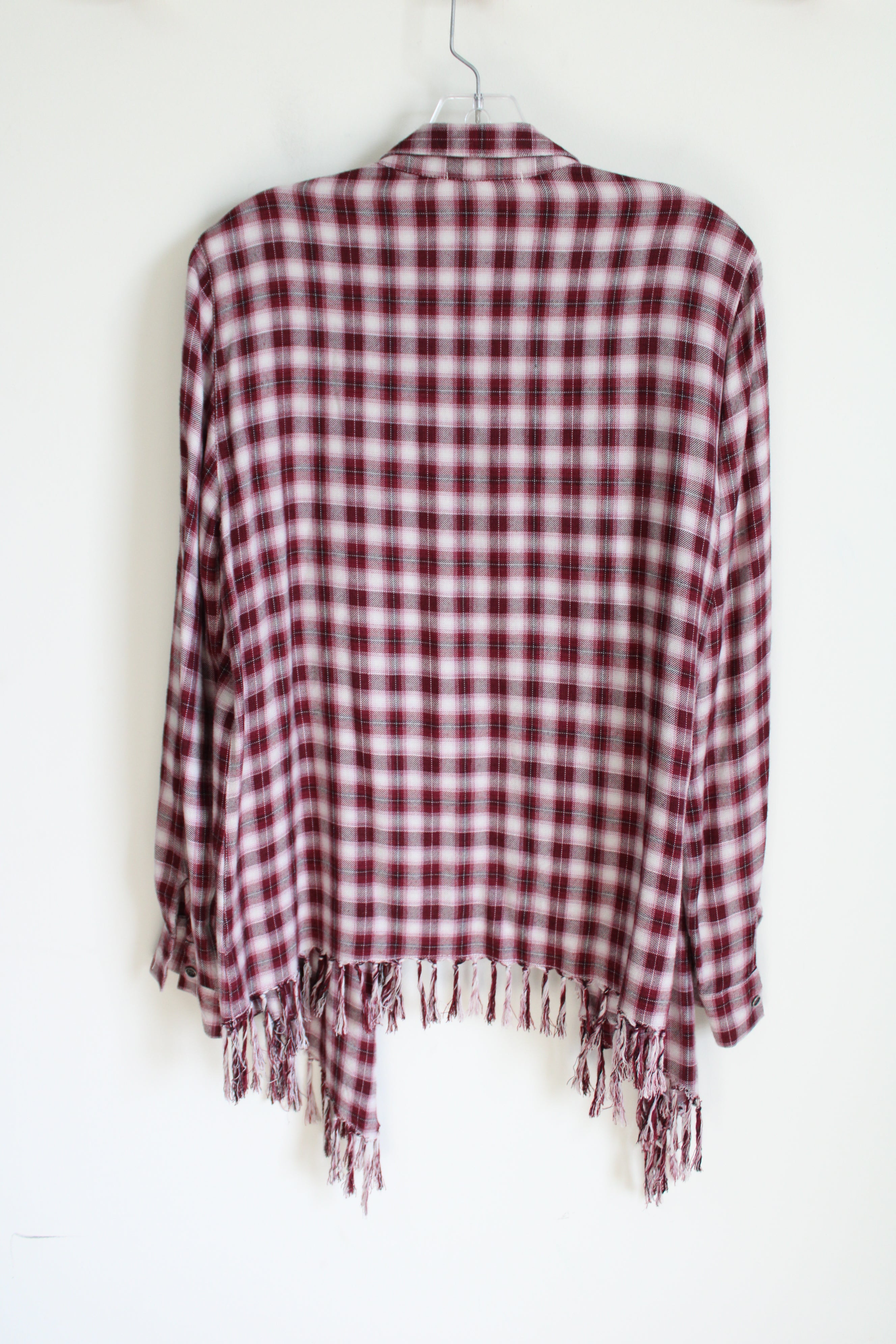 Willow & Clay Maroon Plaid Fringe Cardigan | S