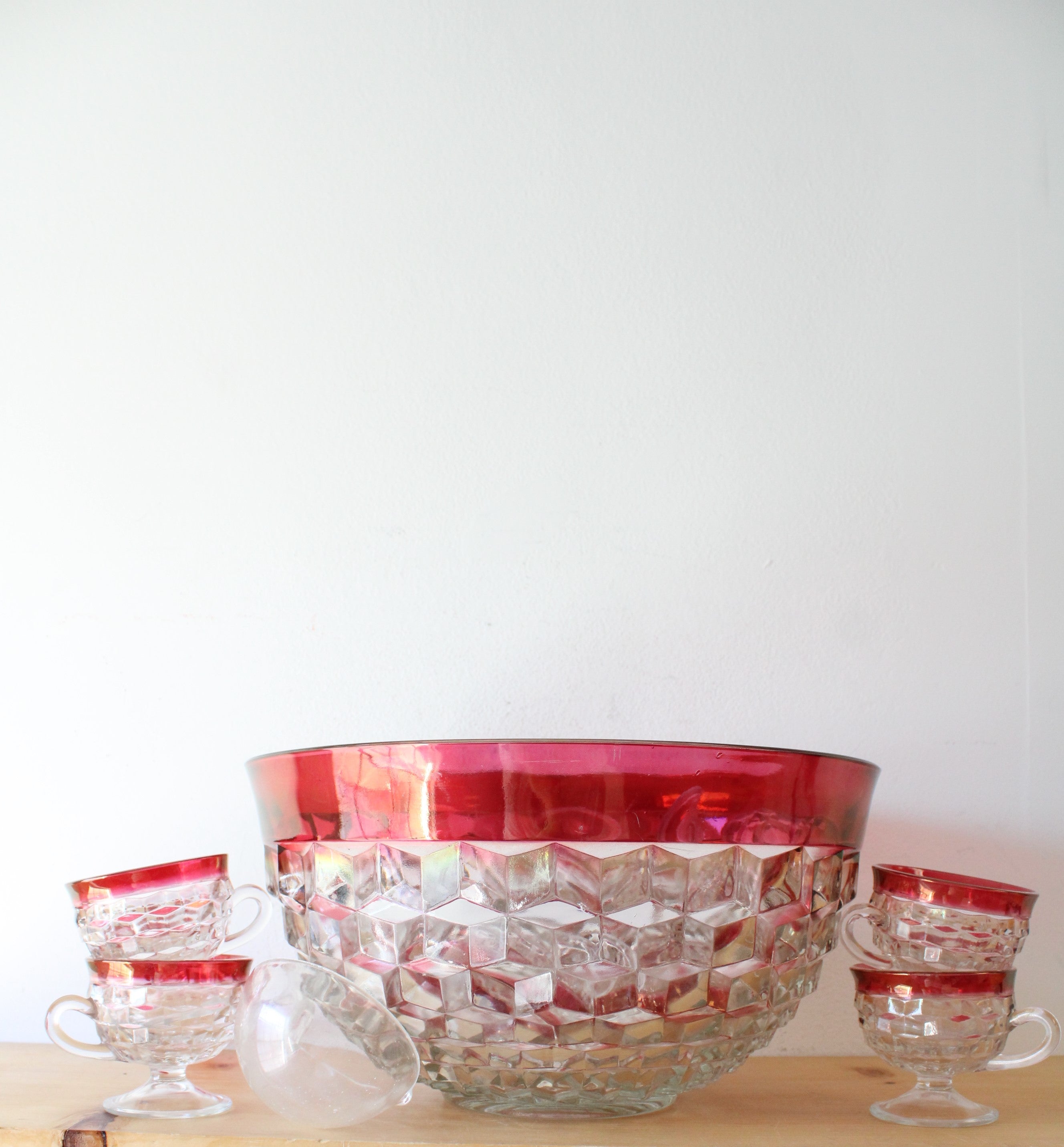 Indiana Glass Vintage Red Rimmed Punch Bowl & 12 Cup Set