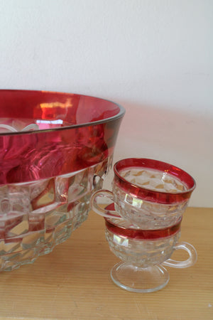 Indiana Glass Vintage Red Rimmed Punch Bowl & 12 Cup Set