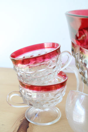 Indiana Glass Vintage Red Rimmed Punch Bowl & 12 Cup Set