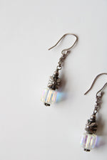 Vintage Crystal Flower Silver Beaded Dangle Earrings