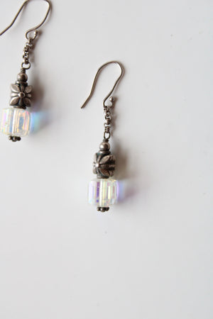 Vintage Crystal Flower Silver Beaded Dangle Earrings