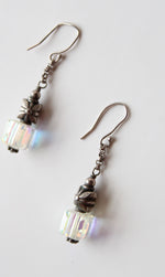 Vintage Crystal Flower Silver Beaded Dangle Earrings