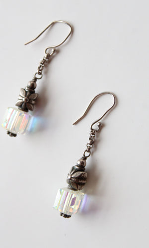 Vintage Crystal Flower Silver Beaded Dangle Earrings