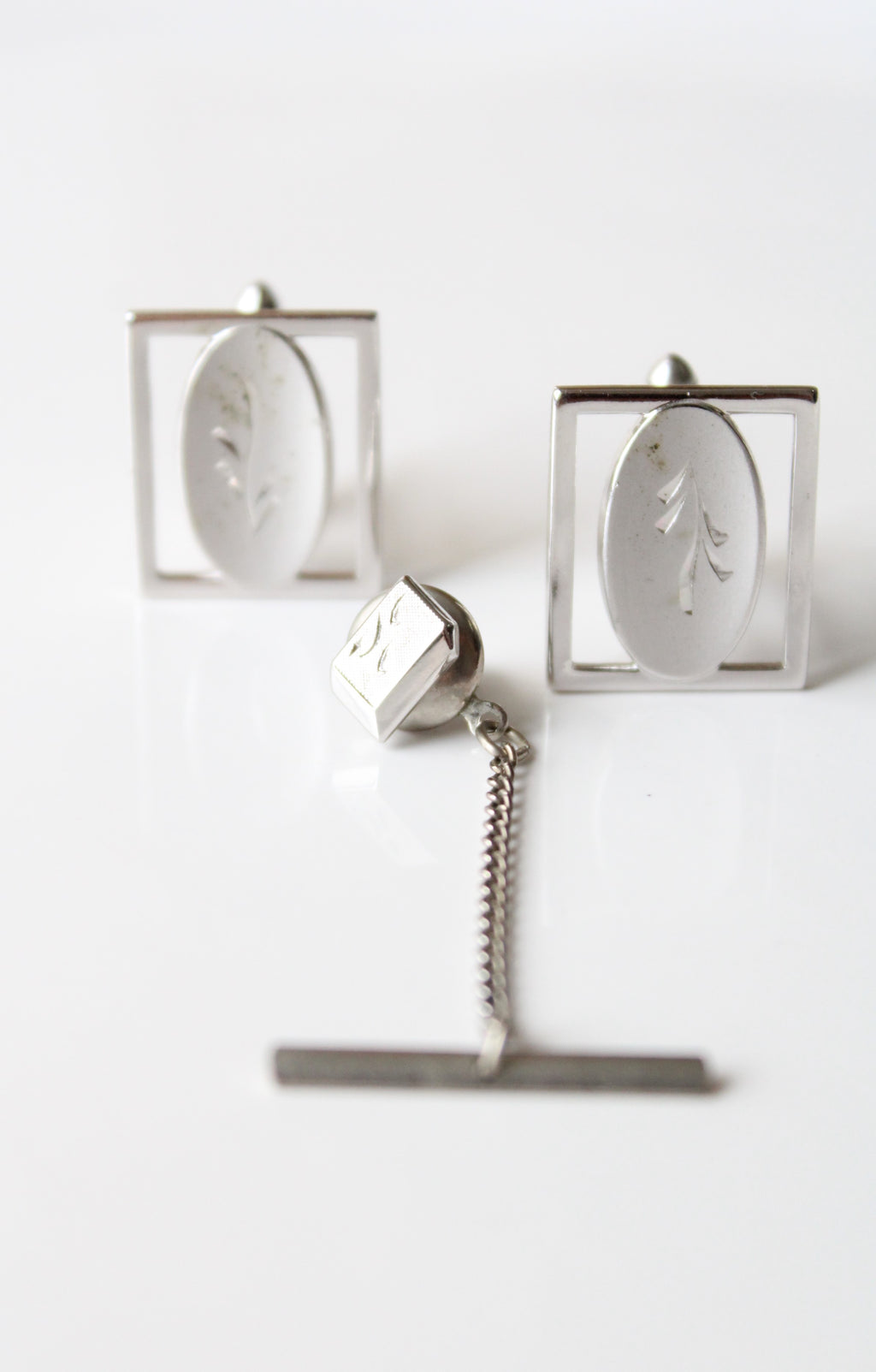 Swank Silver Etched Cuff Links & Tie Pin
