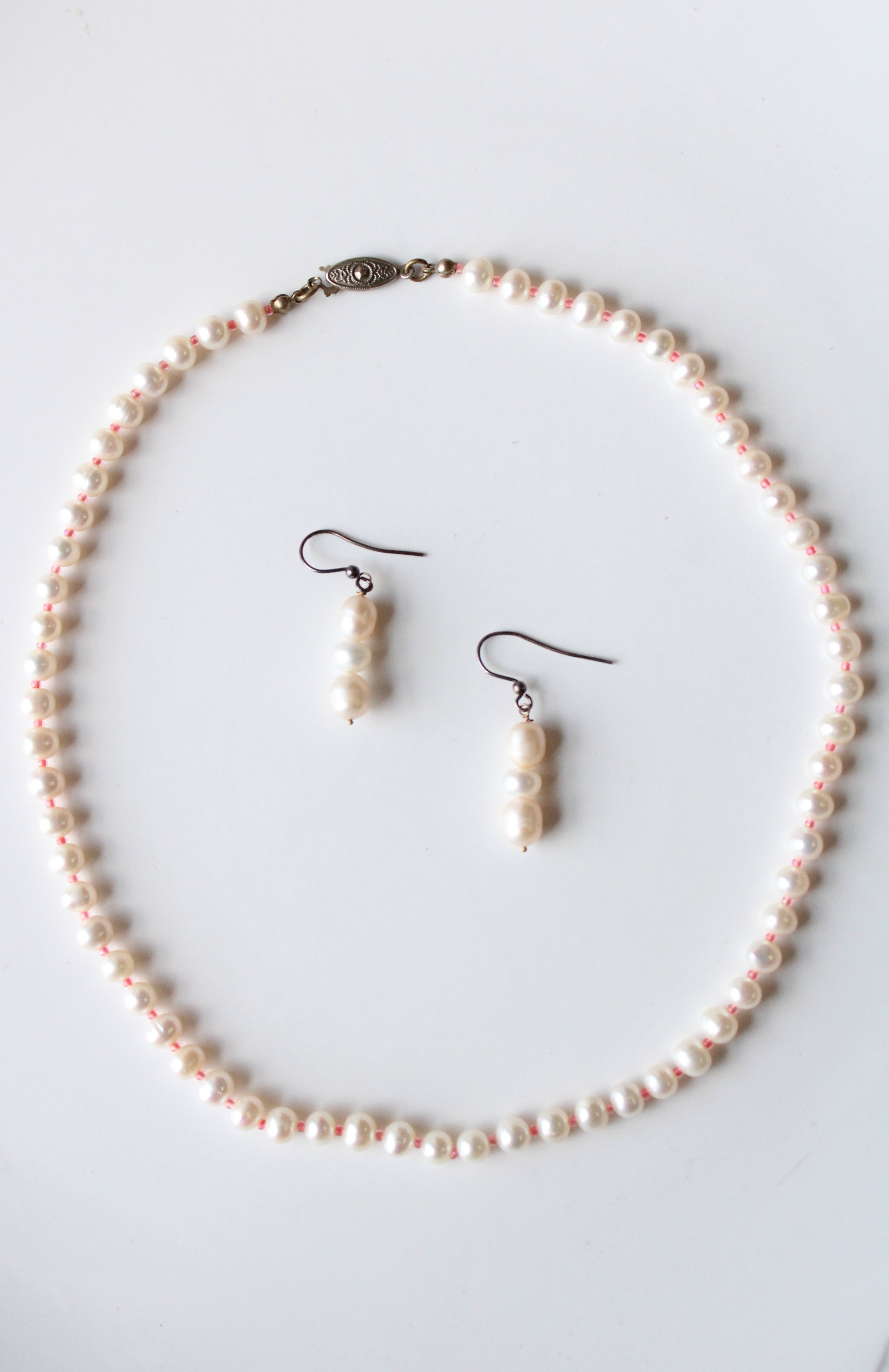 Genuine Ivory Pearl & Pink Beaded Necklace & Earring Set