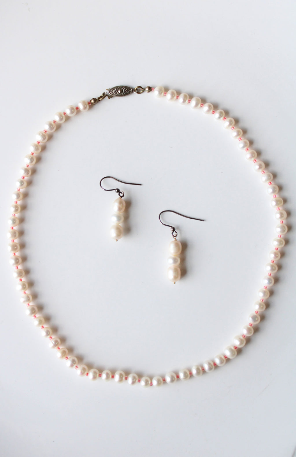 Genuine Ivory Pearl & Pink Beaded Necklace & Earring Set
