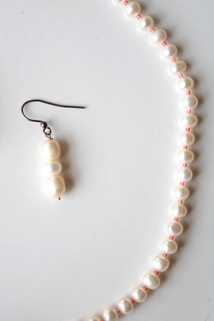 Genuine Ivory Pearl & Pink Beaded Necklace & Earring Set