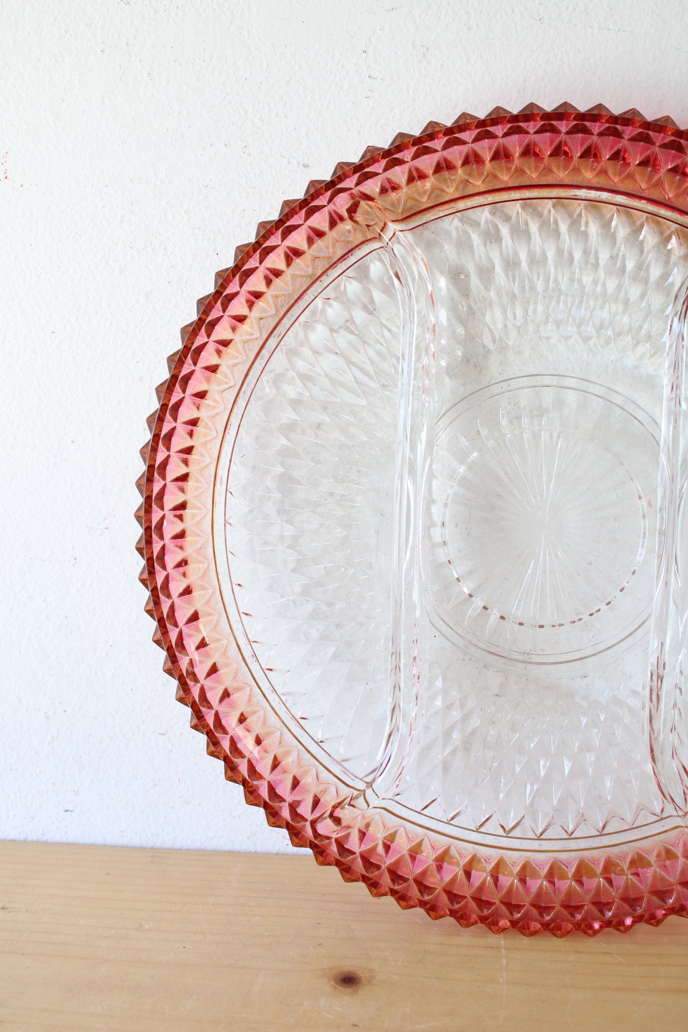 Indiana Glass Diamond Point Ruby Red Divided Round Platter