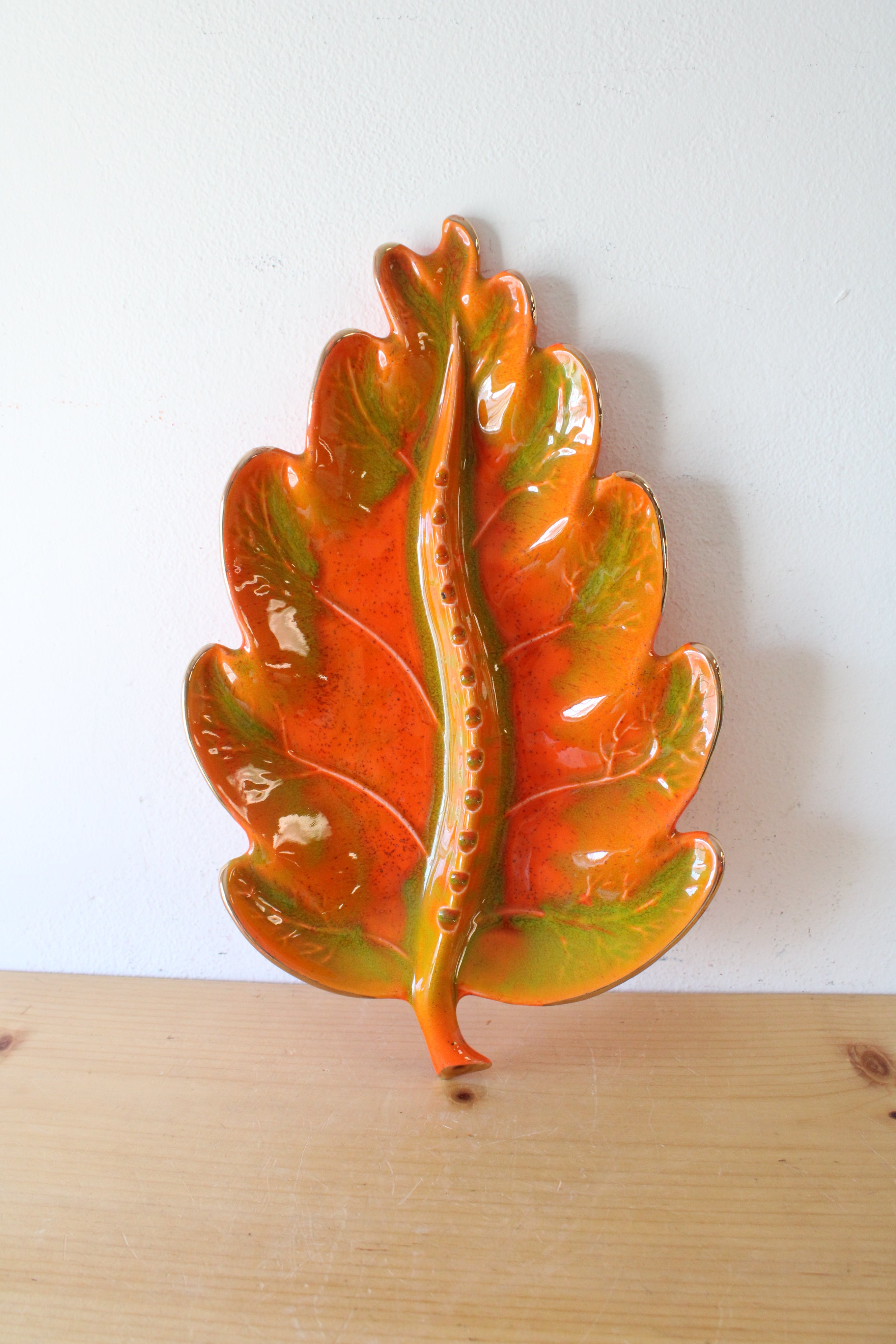 Bright Orange & Green Gold Edged Leaf Tray