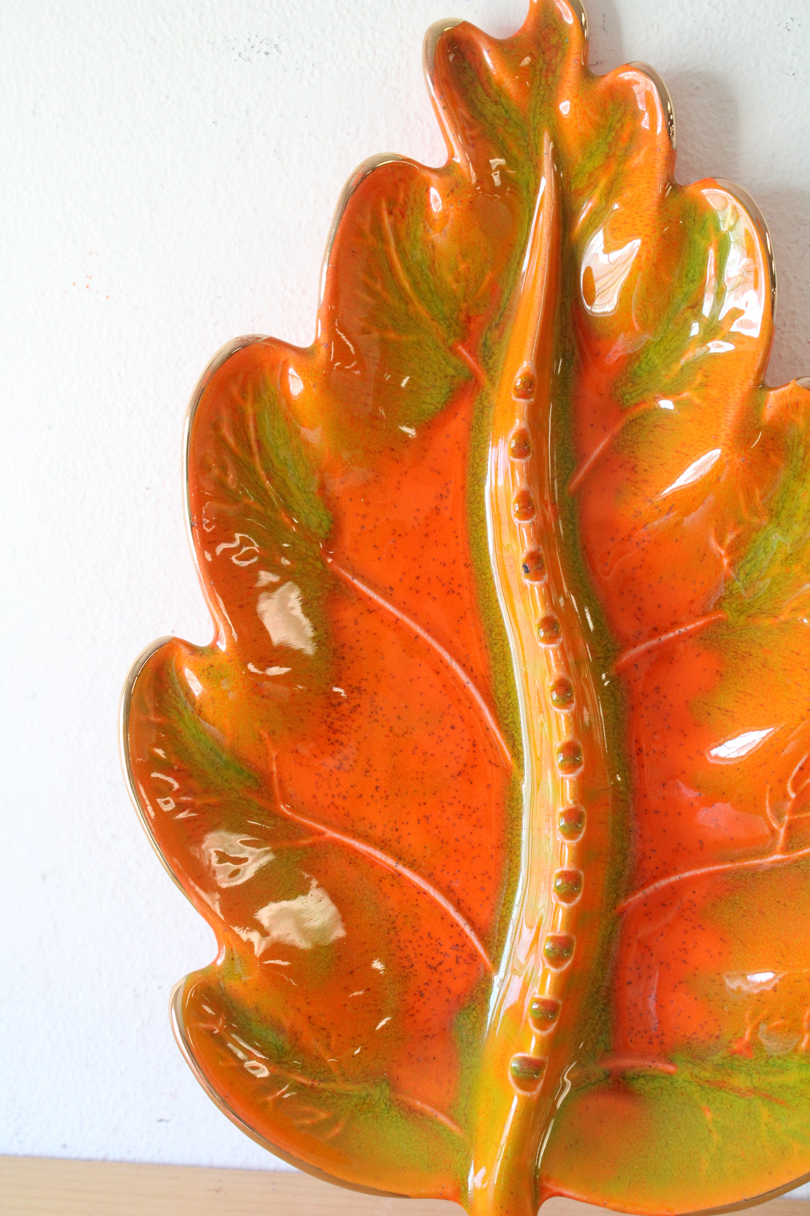 Bright Orange & Green Gold Edged Leaf Tray