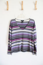 New York & Co. Gray Purple & White Striped V-Neck Sweater | L