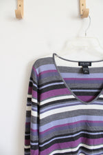 New York & Co. Gray Purple & White Striped V-Neck Sweater | L