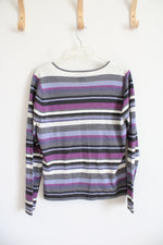 New York & Co. Gray Purple & White Striped V-Neck Sweater | L