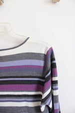 New York & Co. Gray Purple & White Striped V-Neck Sweater | L