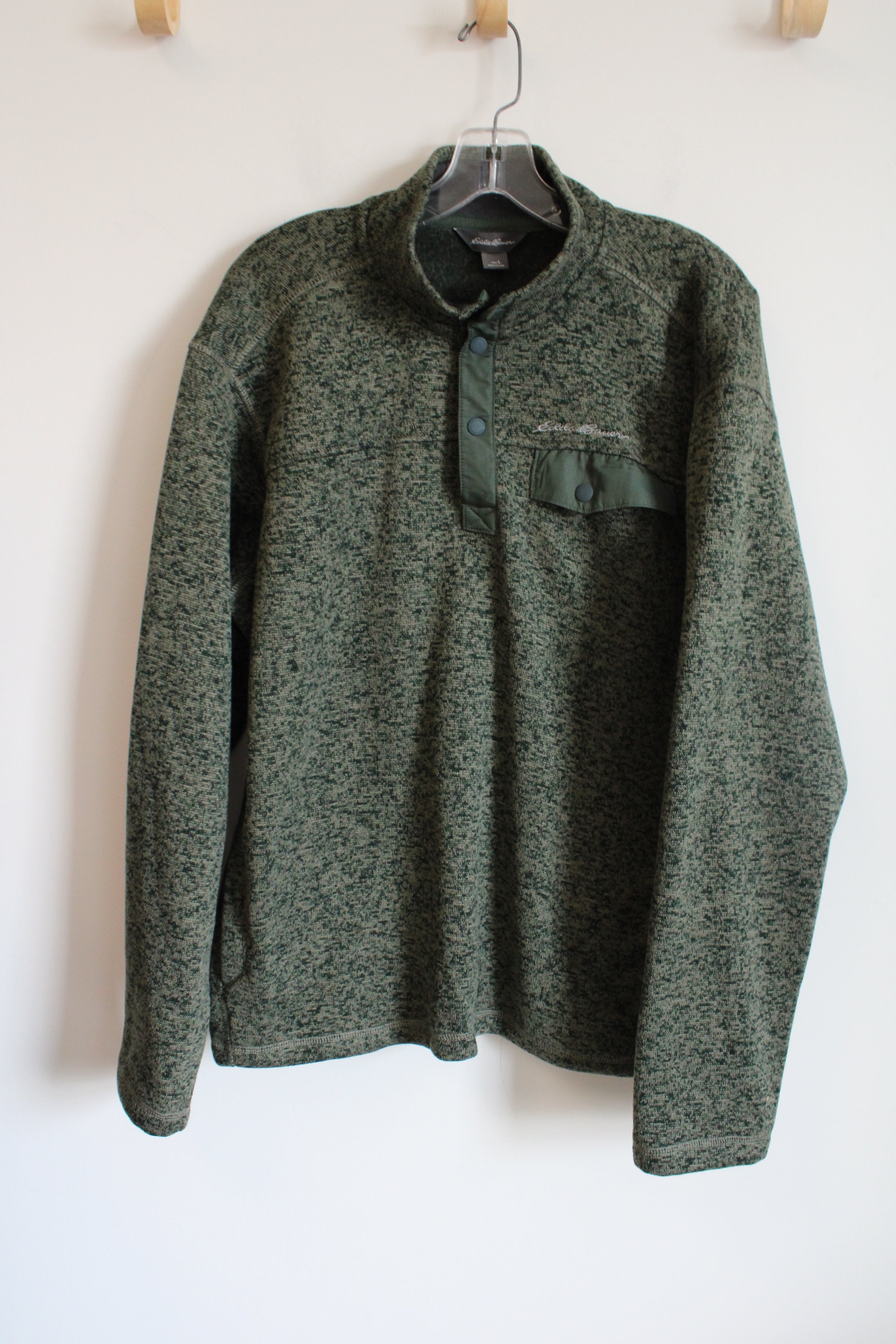 Eddie Bauer Green Fleece Lined 1/4 Button Pullover Sweatshirt | L