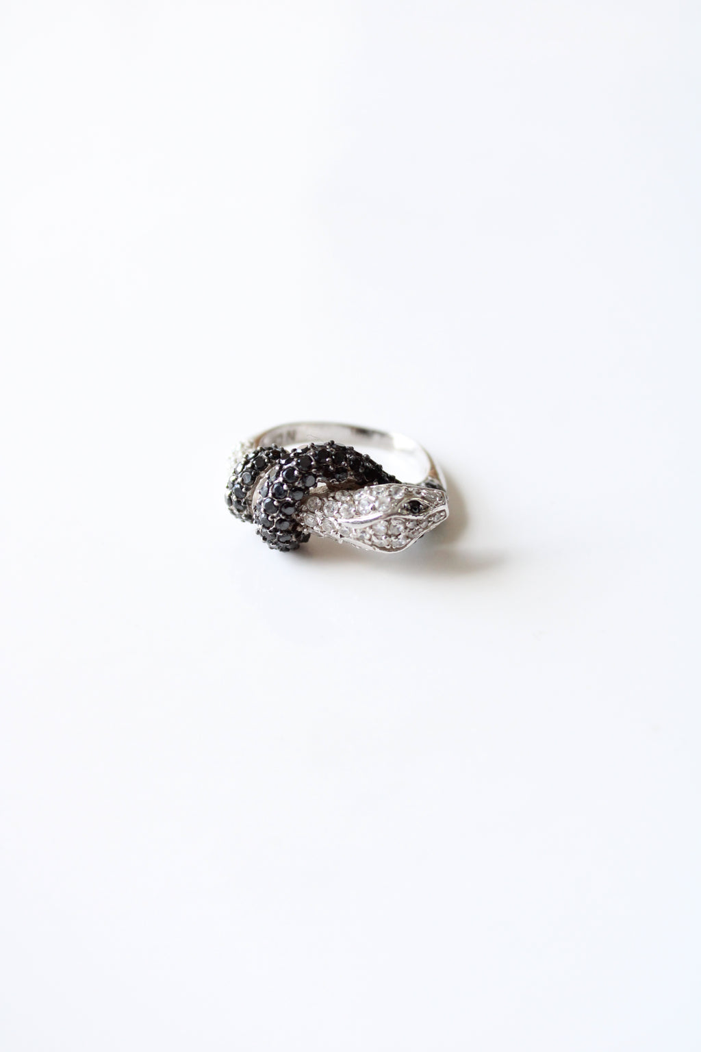 Clear & Black Stone Sterling Silver Snake Ring | Size 7