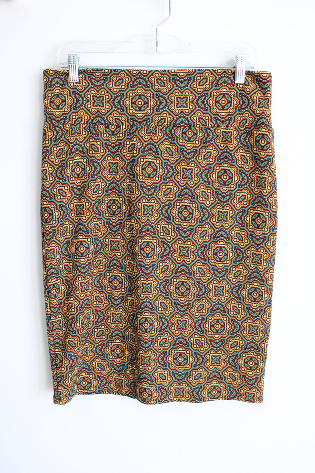 LuLaRoe Yellow Red Green Patterned Fitted Pencil Skirt | L