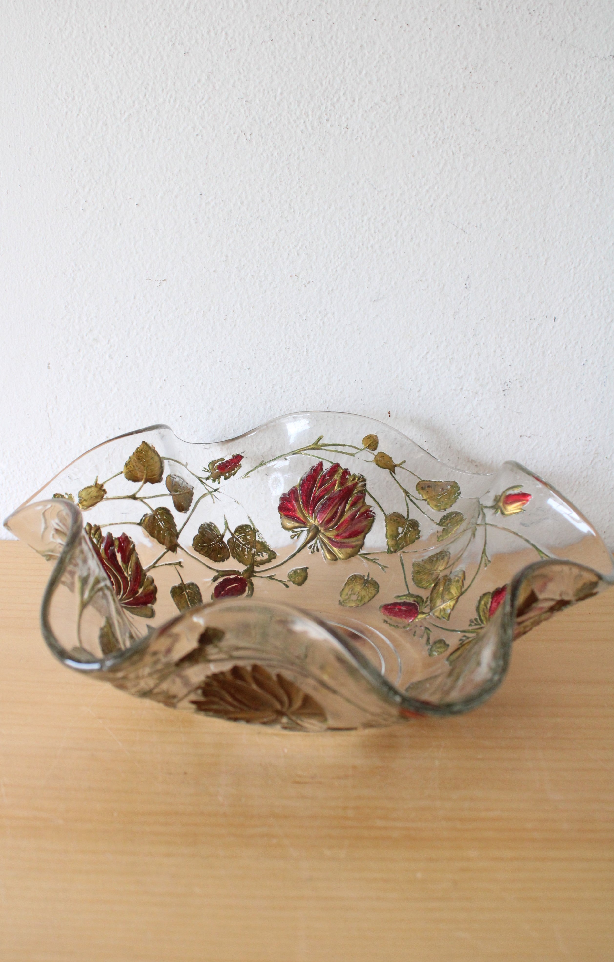 Goofus Glass Red & Gold Floral Ruffled Edged Bowl