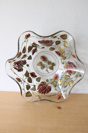 Goofus Glass Red & Gold Floral Ruffled Edged Bowl