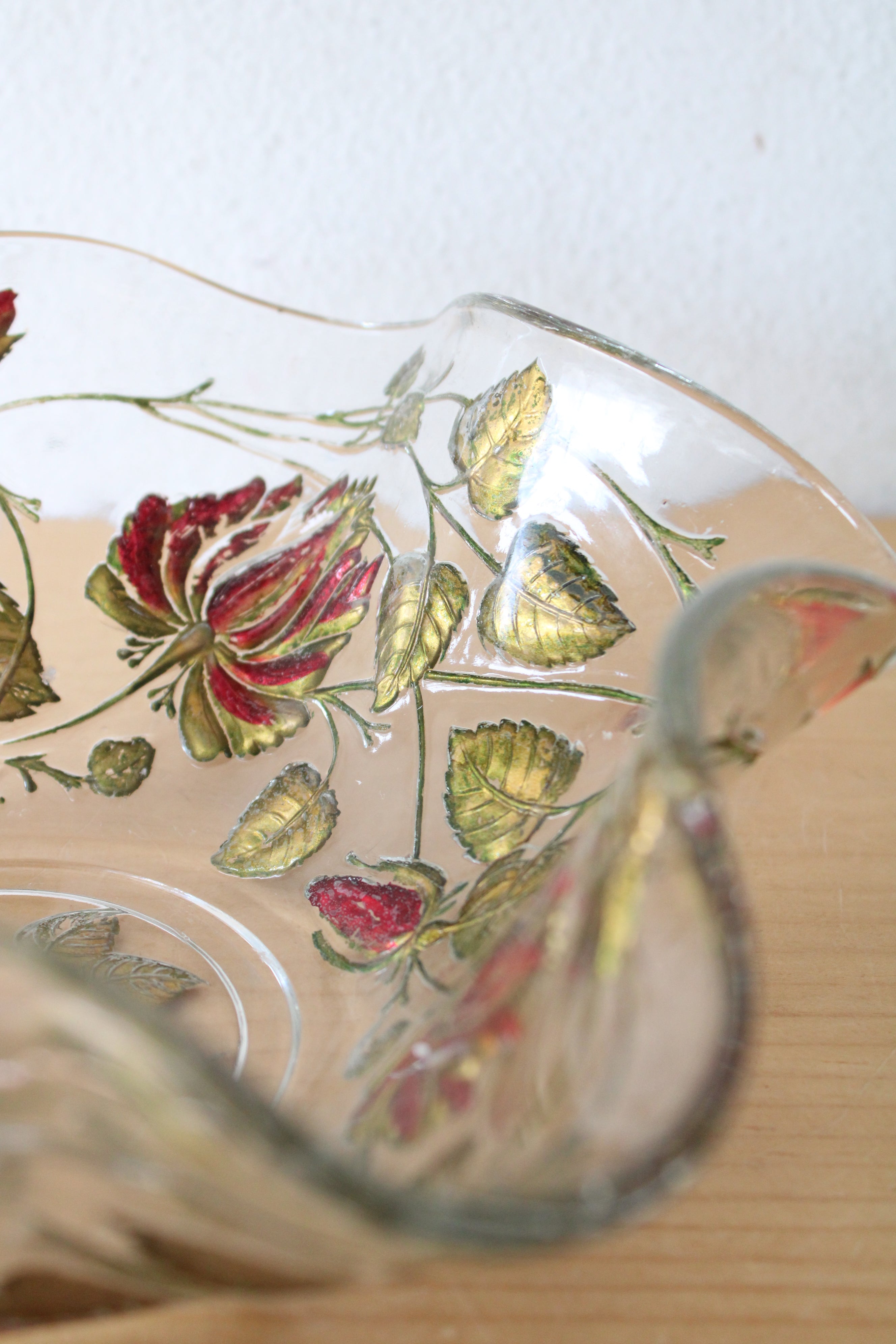 Goofus Glass Red & Gold Floral Ruffled Edged Bowl