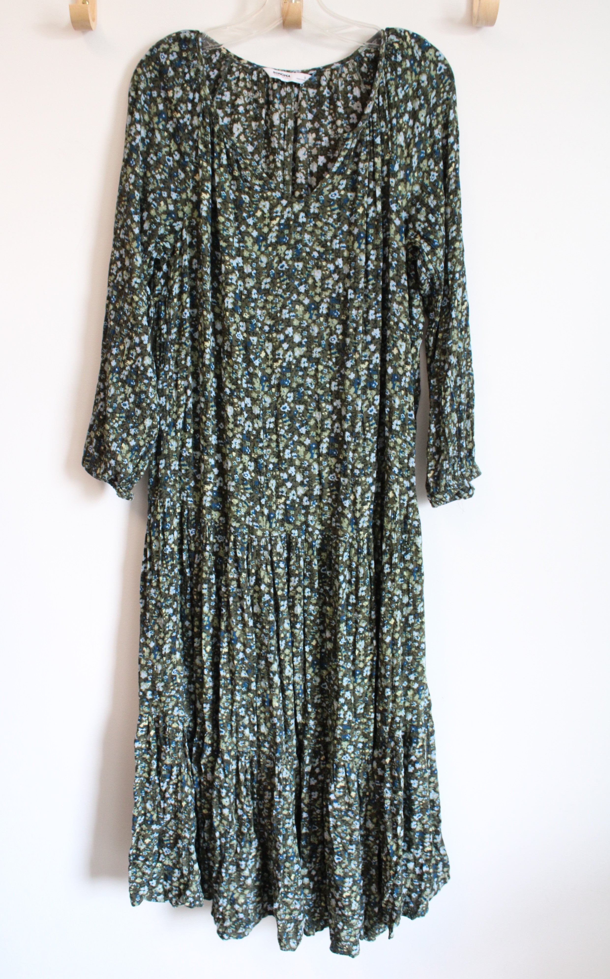 Sonoma Green Floral Tiered Long Sleeved Dress | S