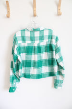 American Eagle Green & White Plaid Cropped Flannel | S