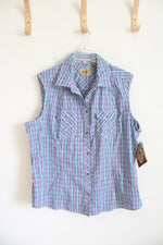 NEW Schmidt Blue & Purple Gingham Button Down Collared Sleeveless Top | 2X