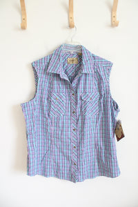 NEW Schmidt Blue & Purple Gingham Button Down Collared Sleeveless Top | 2X