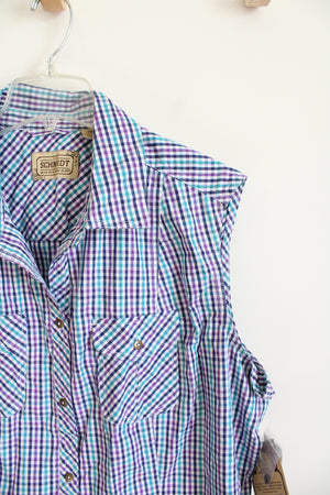 NEW Schmidt Blue & Purple Gingham Button Down Collared Sleeveless Top | 2X