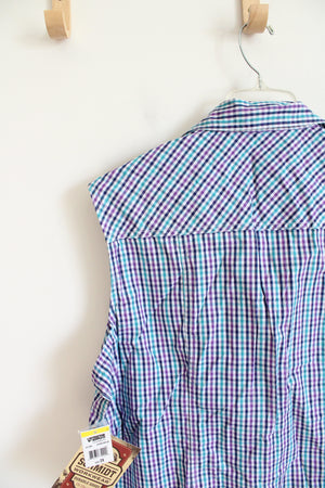 NEW Schmidt Blue & Purple Gingham Button Down Collared Sleeveless Top | 2X