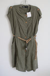NEW Button Down Green Jute String Belted Linen Dress | M