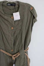 NEW Button Down Green Jute String Belted Linen Dress | M