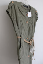 NEW Button Down Green Jute String Belted Linen Dress | M