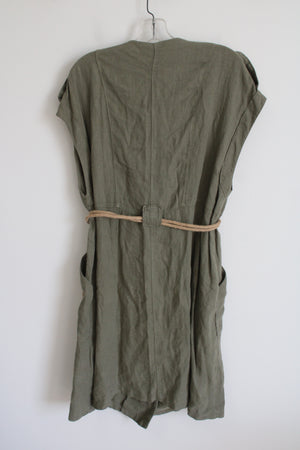 NEW Button Down Green Jute String Belted Linen Dress | M