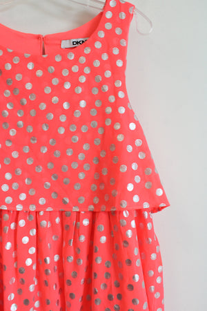 DKNY Neon Pink Silver Polka Dotted Chiffon Dress | Youth S