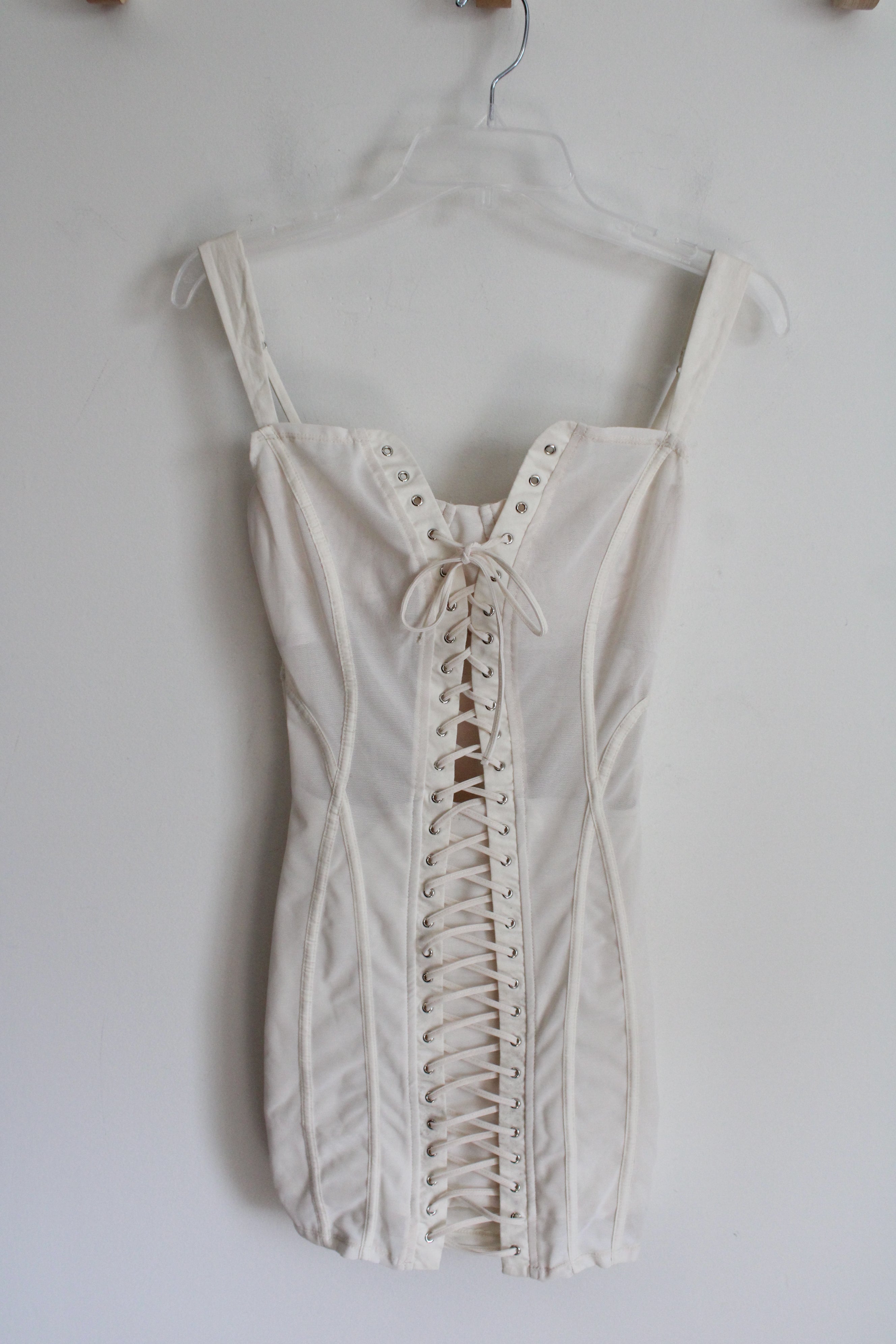 NEW Oh Polly Cream Corset Lace-Up Bodycon Dress | 2