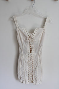 NEW Oh Polly Cream Corset Lace-Up Bodycon Dress | 2