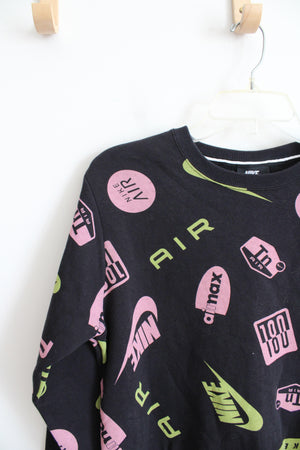 Nike Air Pink & Green Logo Black Pullover Sweatshirt | XS