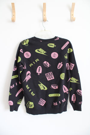 Nike Air Pink & Green Logo Black Pullover Sweatshirt | XS