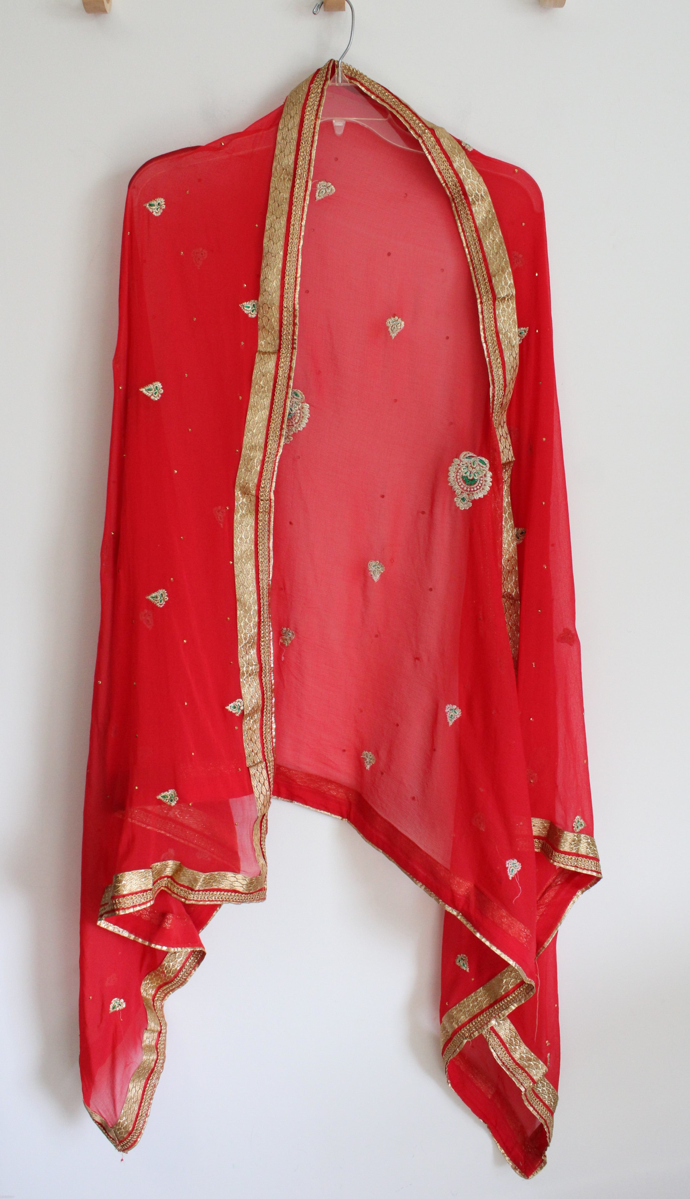 Red & Gold Edged & Beaded Dupatta Shawl