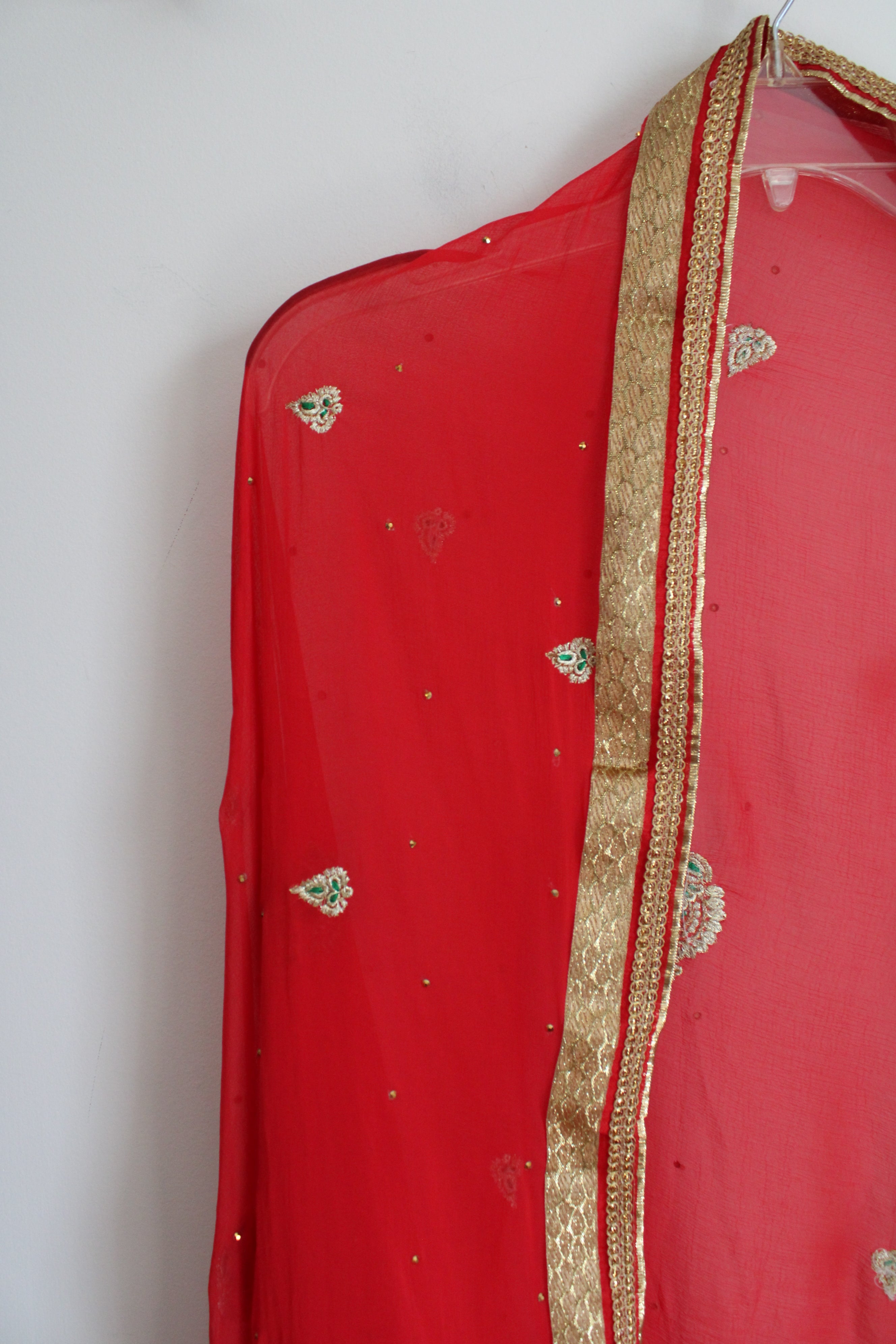 Red & Gold Edged & Beaded Dupatta Shawl