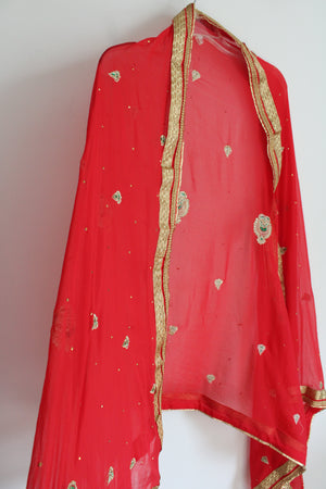 Red & Gold Edged & Beaded Dupatta Shawl