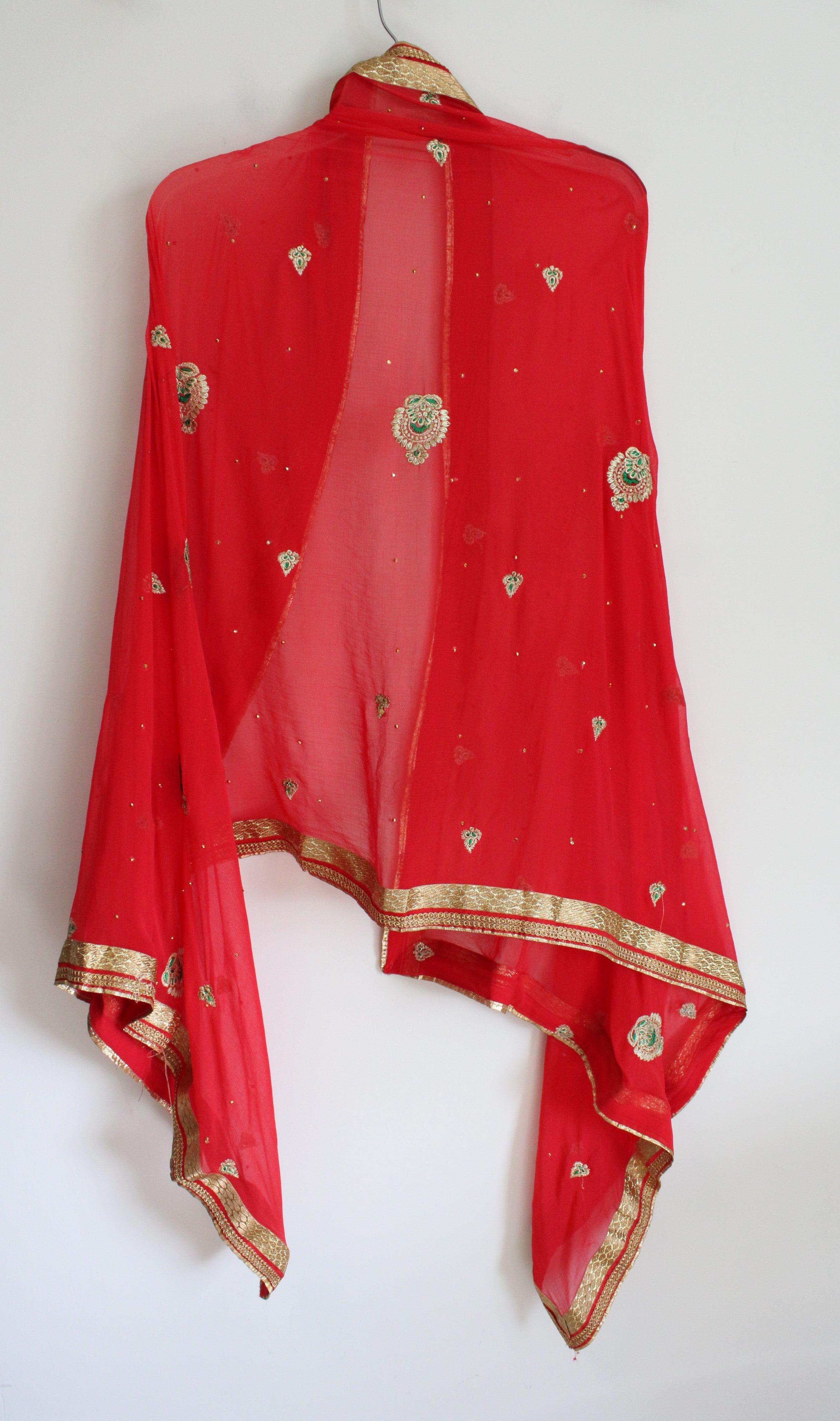 Red & Gold Edged & Beaded Dupatta Shawl